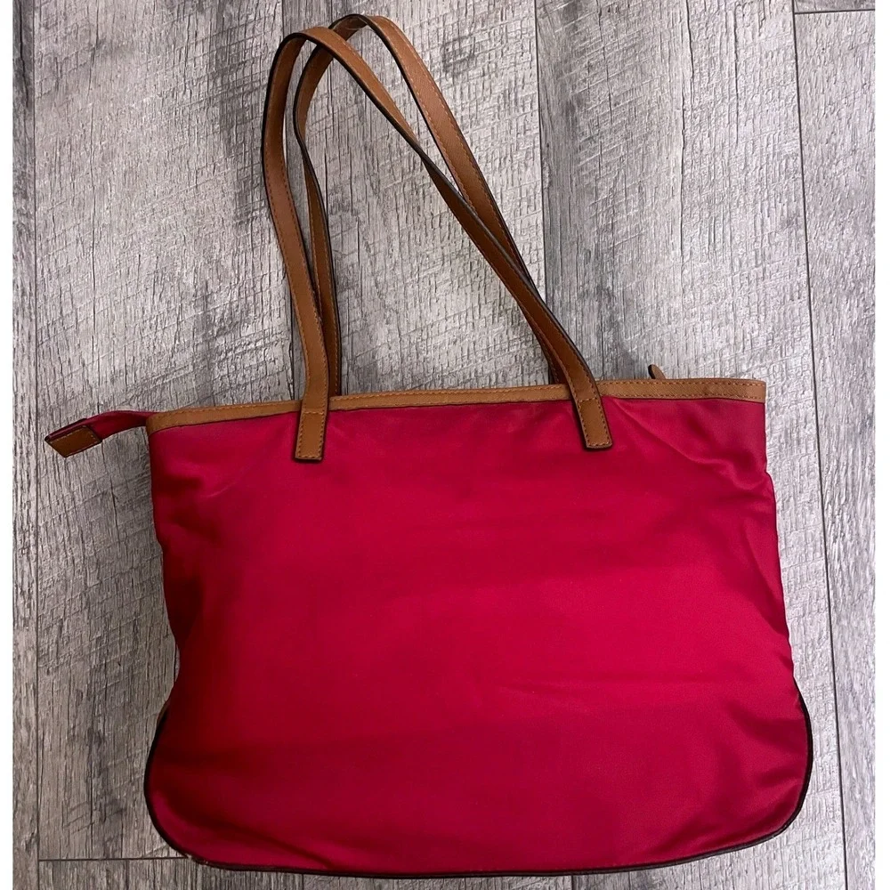 Michael Kors Pink Nylon Saffiano Leather Trim‎ Tote Bag Gold Hardware MK Logo